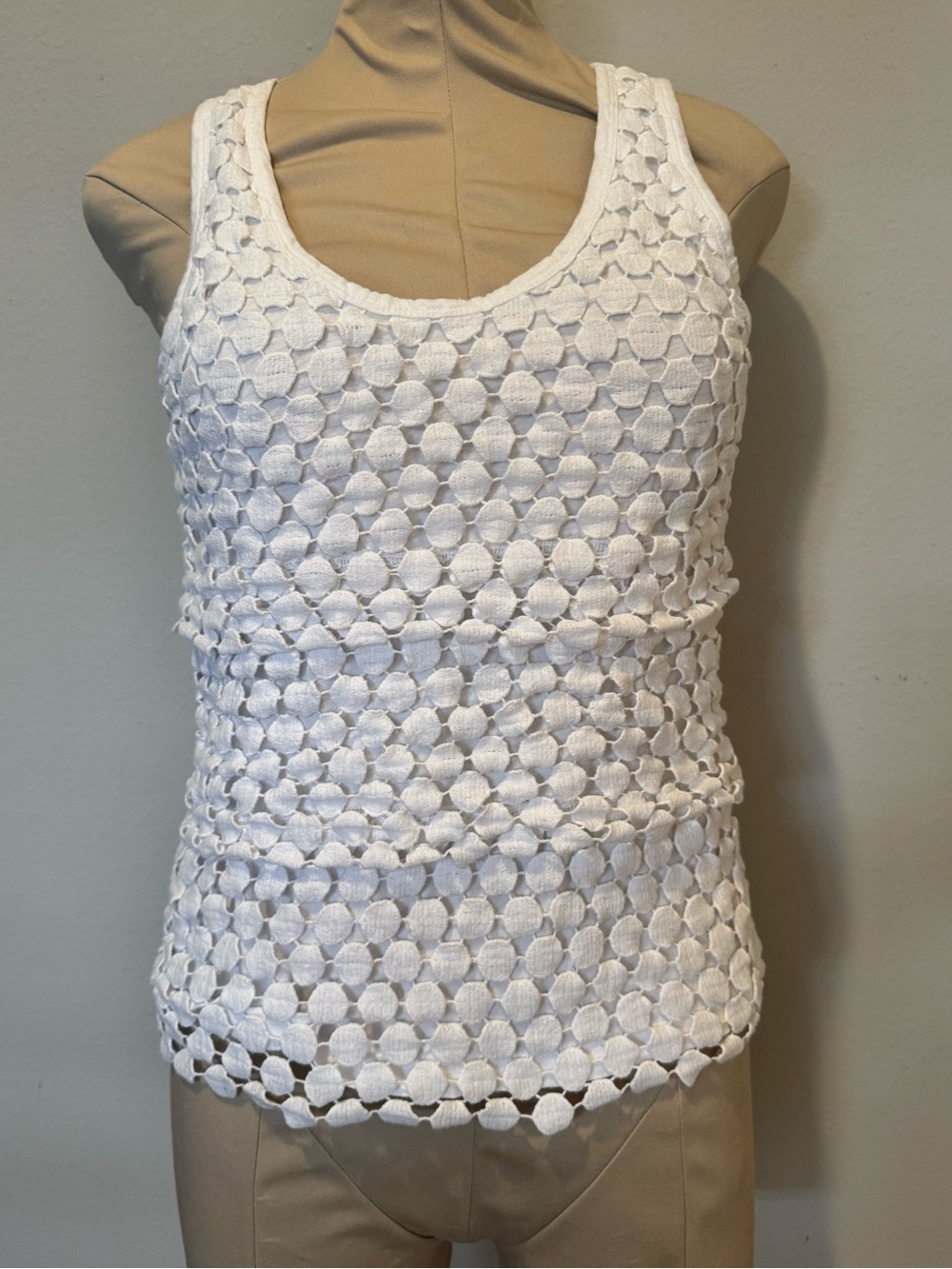 J. Crew White Tank Top Textured Layered Crocheted Overlay Polka Dot Sz Small